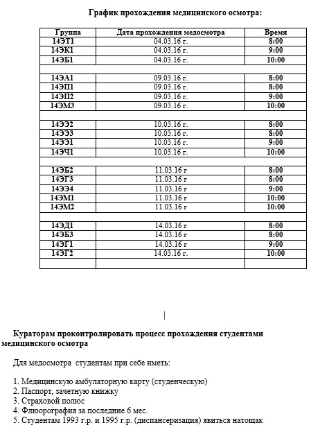 Календарный план медицинских осмотров работников образец